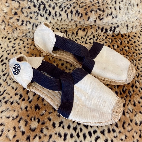 Tory Burch Black and Tan canvas espadrilles